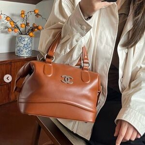 Authentic CHANEL country ride calf skin doctor bag camel leather satchel